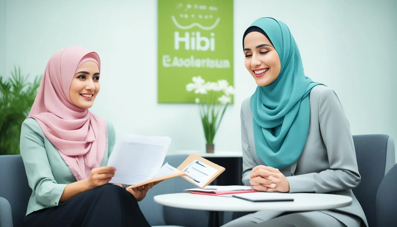 Dua wanita berhijab berdiskusi serius di ruang konseling.