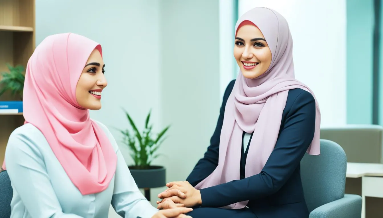 Dua wanita berhijab tersenyum dalam sesi konseling pernikahan.