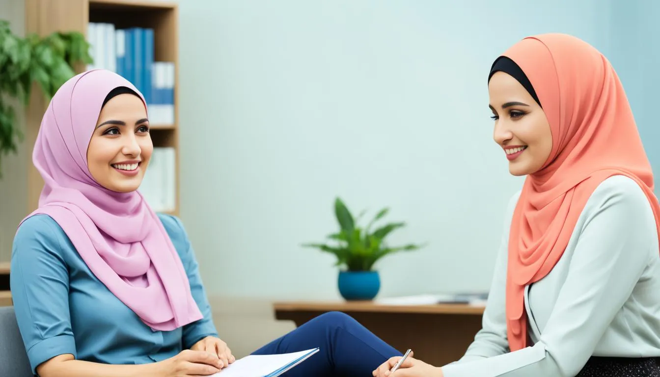 Wanita berhijab menerima nasihat dari konselor pernikahan.