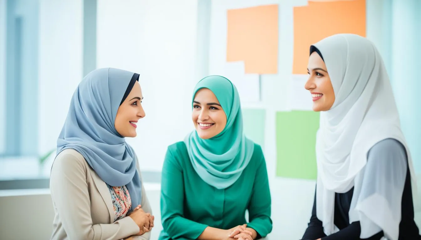 Dua wanita berhijab tersenyum dalam sesi konseling.
