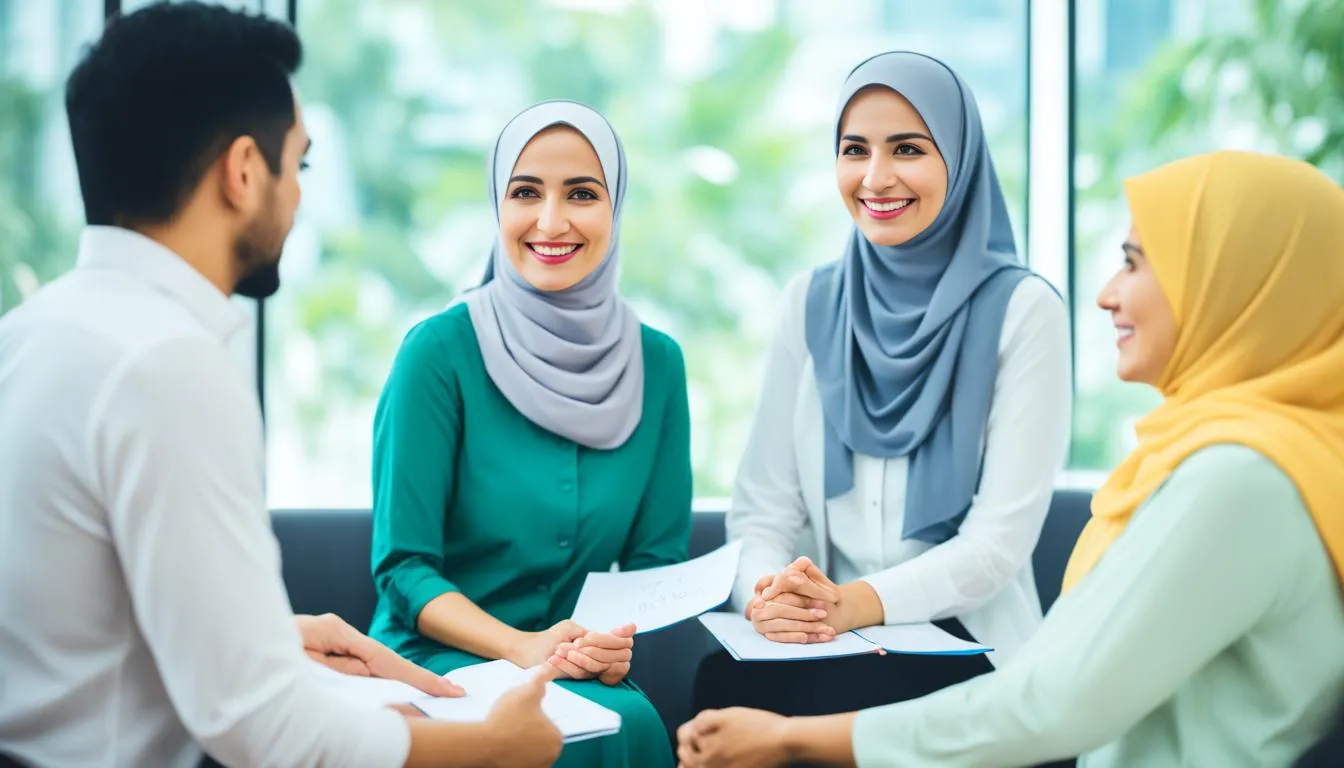 Dua wanita dan satu pria berdiskusi dengan konselor di sesi konseling.