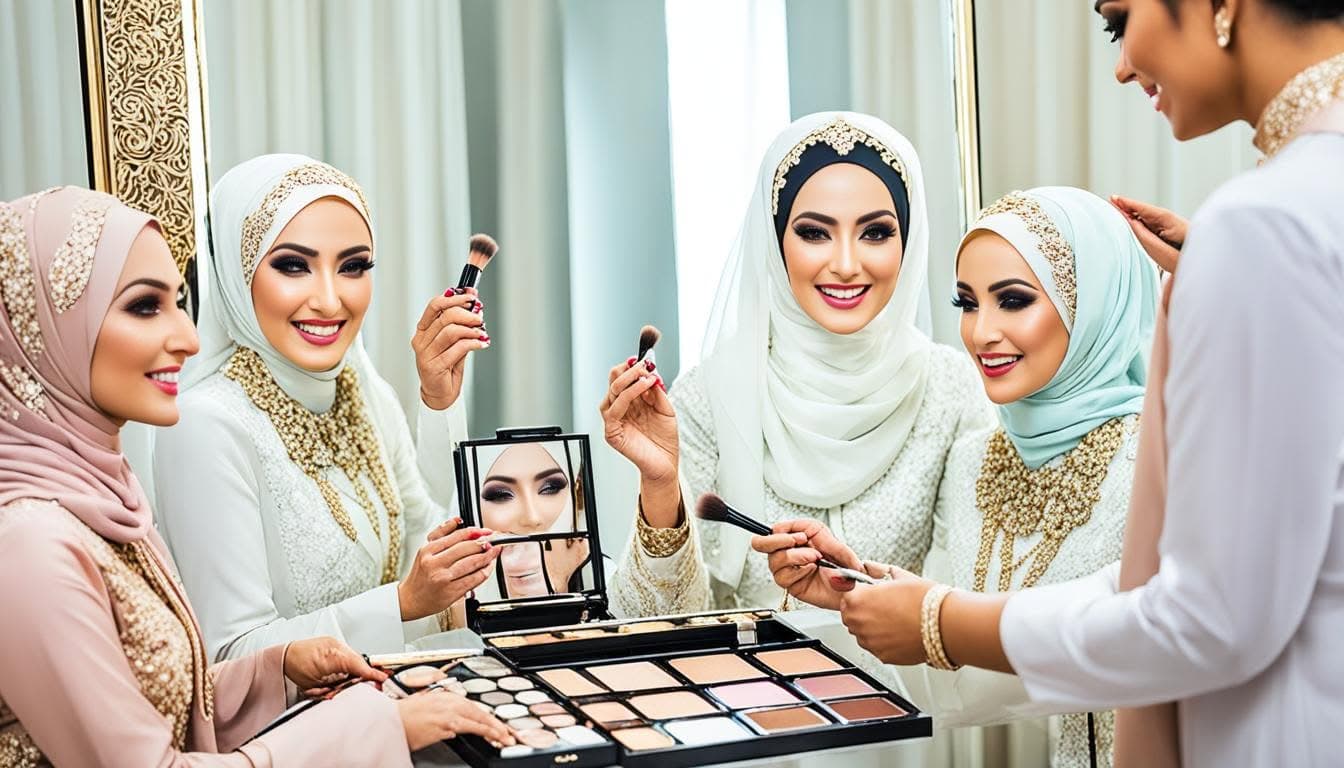 Rutinitas Kecantikan Pengantin Pengantin wanita berhijab warna biru kehijauan dan dikelilingi produk tata rias