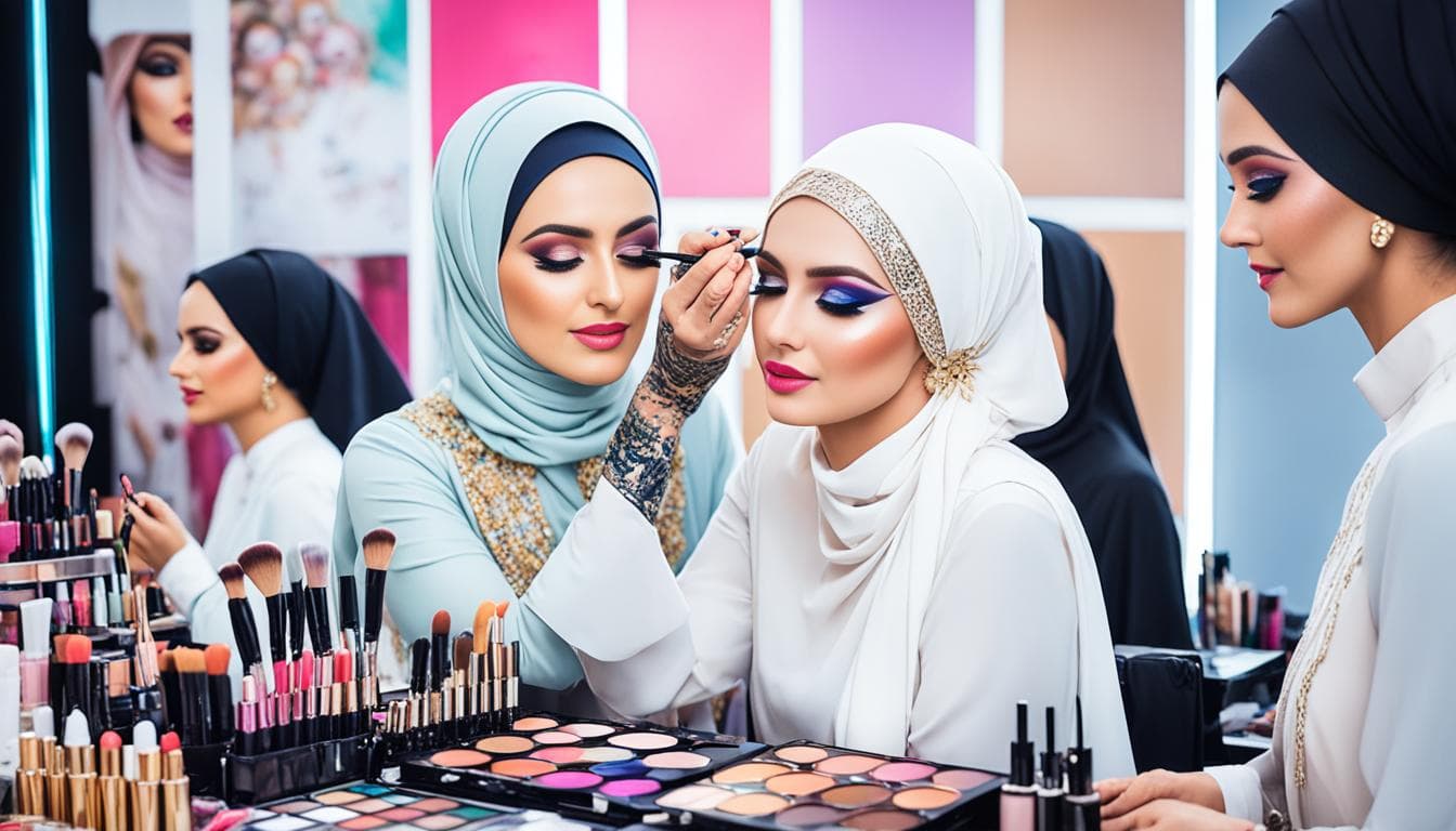 Sekelompok wanita membantu seorang pengantin merias wajahnya