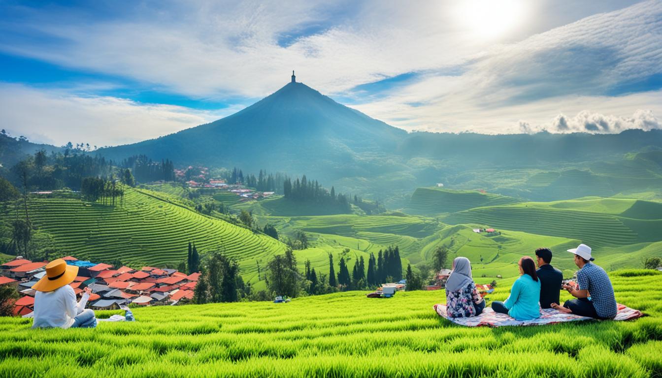 Pemandangan pegunungan dengan sekelompok orang yang sedang piknik