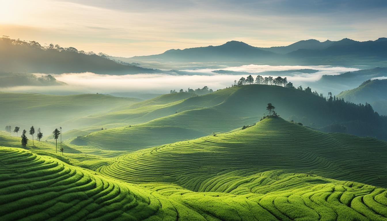 Pemandangan pegunungan dengan kabut pagi yang menyejukkan